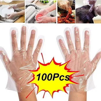 100шт Кухонная одноразовая перчатка Пищевая прозрачная полиэтиленовая перчатка для пищевой промышленности, ухода за окрашиванием волос, барбекю для кемпинга, чехол для рук