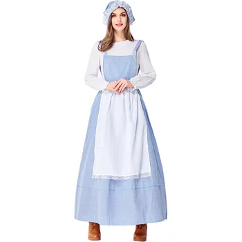 Платье горничной в пасторальном стиле, синее решетчатое фермерское платье, костюм для вечеринки, костюм для сценического представления