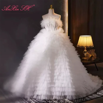 AnXin SH принцесса белое кружево перо вырез лодочкой винтажный бисер жемчуг иллюзия оборками бальное платье вечернее платье на шнуровке