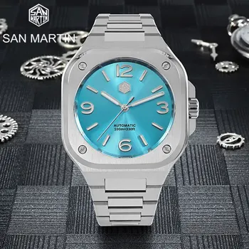 Роскошные спортивные часы San Martin 40 мм с квадратным корпусом в стиле ретро из нержавеющей стали YN55 / PT5000, мужские часы с автоматическим управлением, 10 тактов BGW-9