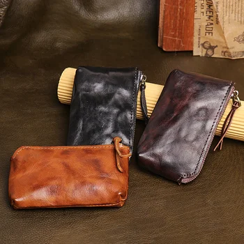 Оригинальный короткий Кошелек из натуральной кожи ручной работы, мужской кошелек на молнии, простая мини-сумка для ключей, карта