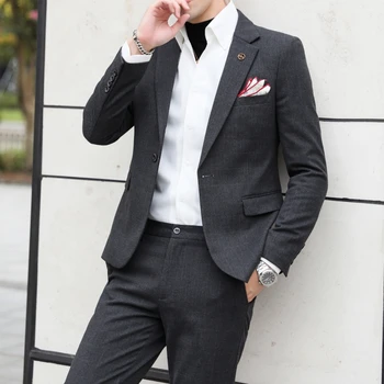 2023 Высококачественный свадебный костюм (костюм + брюки) Модная Корейская версия Приталенного свадебного платья жениха Клетчатый костюм из двух частей M-4XL