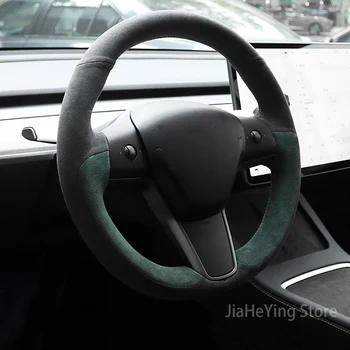 Чехол на руль автомобиля из алькантары ручной работы для Tesla Модель 3 2017-2020 Модель Y 2020-21 Аксессуары для интерьера