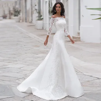 Кружевное Свадебное платье с длинными рукавами для женщин Brides Princess 2022, сексуальное Свадебное платье с аппликацией в виде Русалки с вырезом лодочкой, Сшитое на заказ