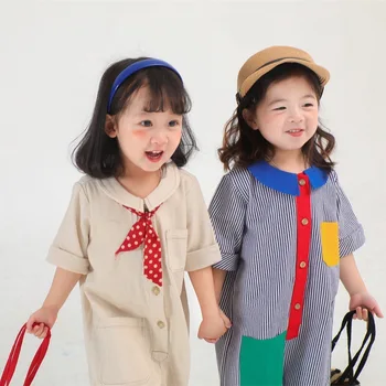 Новый летний комбинезон для девочек в корейском стиле, цвет пэчворк, короткий рукав, дышащий повседневный Простой Модный детский повседневный комбинезон