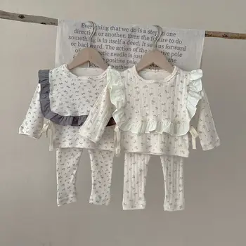 Весенне-осенний топ, брюки с высокой талией, комплект из трех предметов для девочек, детская одежда в деревенском стиле, детская одежда для девочек