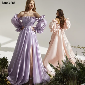 JaneVini 2023, Роскошные платья для выпускного вечера лавандового цвета с длинными рукавами-фонариками, Атласные платья знаменитостей трапециевидной формы для женщин на заказ