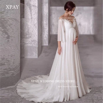XPAY Свадебные платья для беременных, Шелковый шифон, Длинные рукава, прозрачный вырез, богемные свадебные платья для беременных, Элегантный свадебный халат
