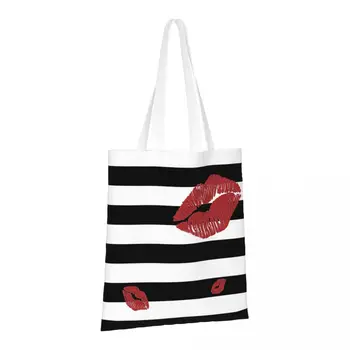 Блестящие красные губы в черно-белую полоску Многоразовые продуктовые сумки Складные сумки для покупок Моющиеся прочные подарочные пакеты из полиэстера
