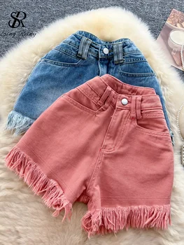 Однотонные летние женские модные джинсы с широкими штанинами, Трапециевидный карман на молнии, уличная одежда в американском ретро стиле, Свободные шорты с кисточками, брюки