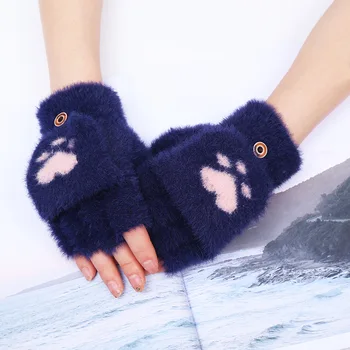 Зимние женские перчатки Kawaii, варежки с милыми кошачьими когтями, вязаные перчатки с откидывающимися полупальцами, плюшевые женские шерстяные теплые женские