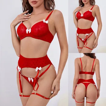 Женский красный комплект с бюстгальтером, сексуальное женское белье с бантом, комплект из трех предметов, сексуальное женское белье для женщин, пижамы с подвязками, женский сексуальный наряд L5