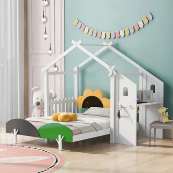 Белая Полноразмерная кровать-платформа с Ветряной Мельницей и Цветочным Декором, Домашняя кровать с письменным столом и двумя крючками, для внутренней мебели спальни