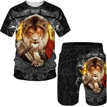 Футболка и шорты в винтажном стиле с 3D-принтом в виде короля льва, новый и модный комплект из двух предметов в стиле харадзюку с короткими рукавами