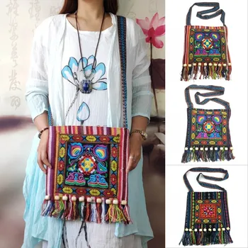 Женщины Винтаж Племенной Этнический Тайский Индийский Бохо Кисточка Хлопчатобумажная льняная сумка через плечо Вышивка Цветочный Гобелен Сумка-мессенджер