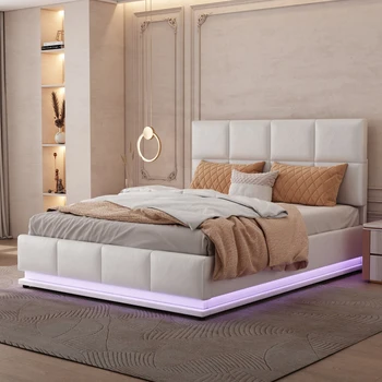 двуспальная кровать с кожаной обивкой 140x200 см со светодиодной подсветкой и местом для хранения гидравлически поднимаемой кровати, белая