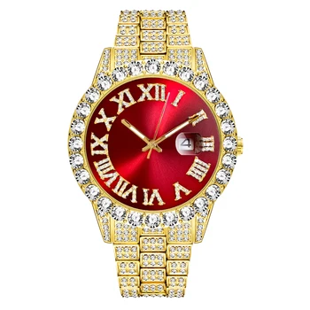 Часы в стиле хип-хоп, мужские часы с календарем из нержавеющей стали золотого цвета, выложенные льдом стразы, мужские часы Reloj Hombre